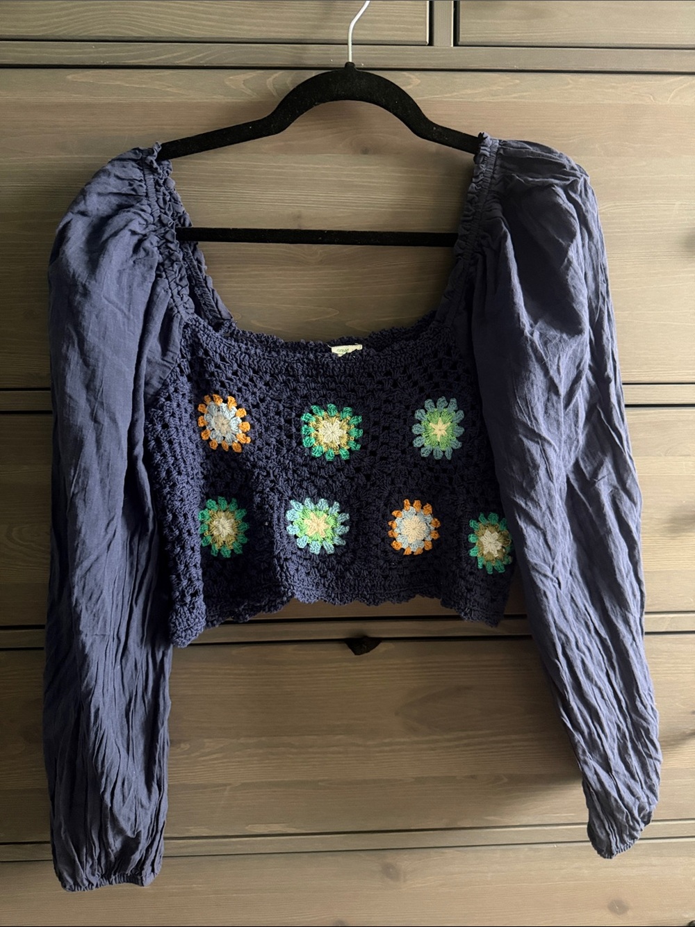 Aerie Navy Crochet Floral Square Neck Crop Top